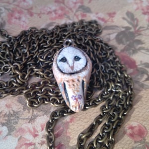 Barn owl with Hepatica flowers pendant - cute clay floral owl jewelry