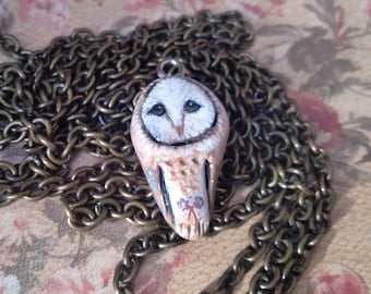Barn owl with Hepatica flowers pendant - cute clay floral owl jewelry