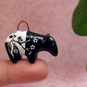 Malayan Tapir with white and inverted cherry blossoms pendant | cute floral Tapir charm jewelry | Asian animal clay art | wildlife art