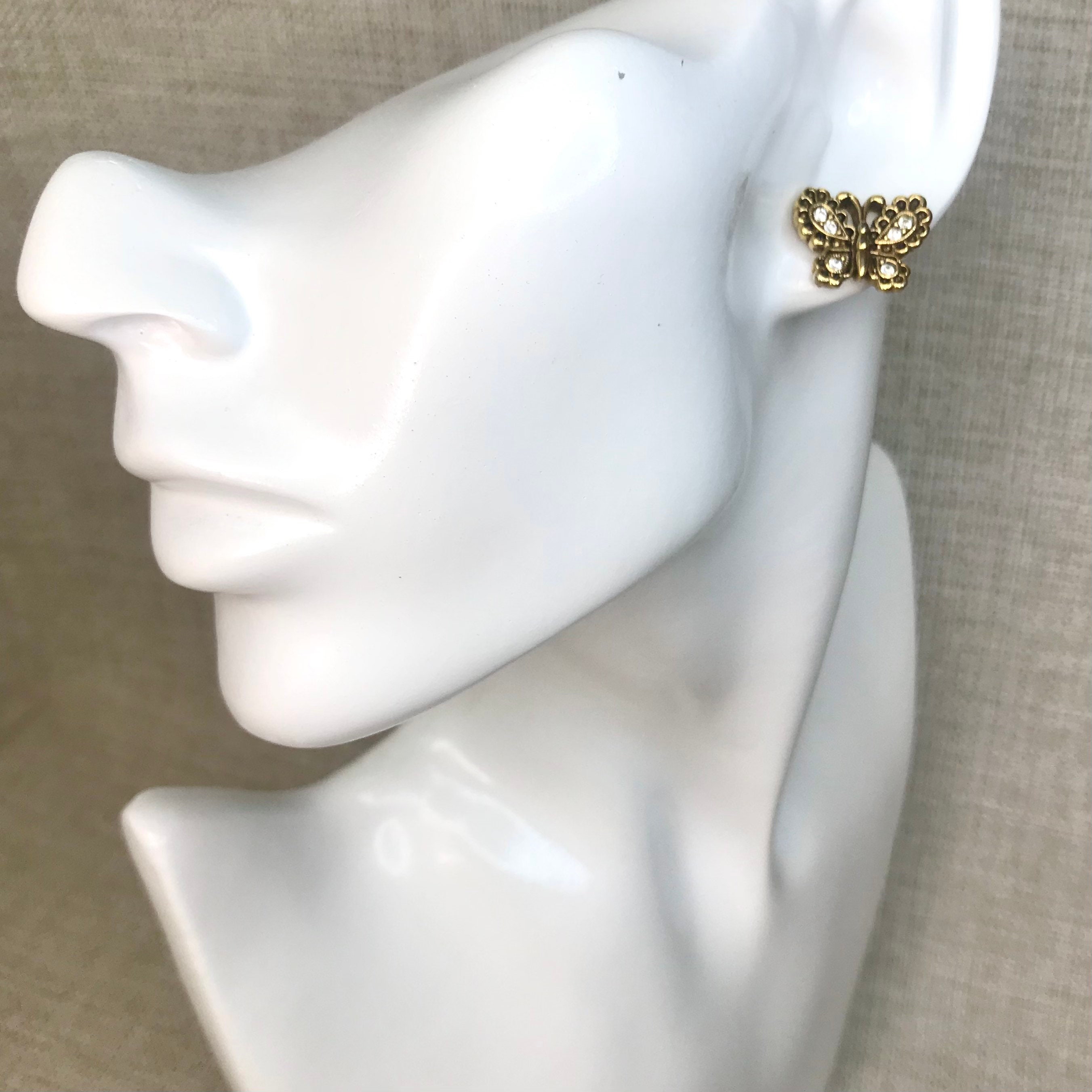 Vintage Avon Butterfly Earrings Gold Tone Stud Earrings Clear