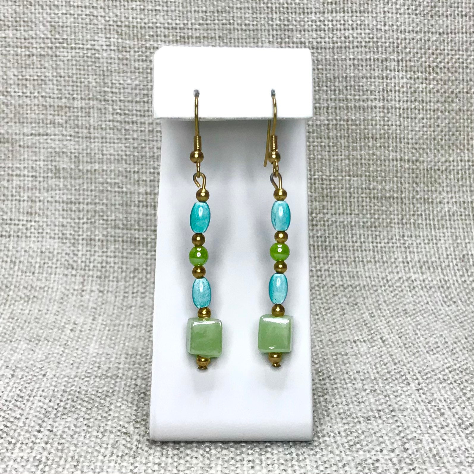 Vintage Green and Blue Dangle Earrings Vintage Jewellery Gift for Her. Gold Tone Ear Wire Beaded Earrings Costume Jewelry