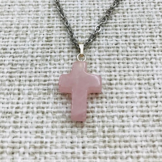 Vintage Rose Quartz Cross Pendant Chain 
