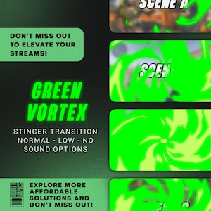 Puede incluir: Un gráfico digital con las palabras "GREEN VORTEX" en verde brillante, junto con el texto "STINGER TRANSITION" y "DON'T MISS OUT TO ELEVATE YOUR STREAMS!". El fondo es oscuro con gráficos de vórtice verdes.