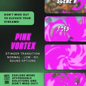 Puede incluir: Efecto de transición stinger en vórtice rosa para streaming. El efecto es un remolino rosa con un contorno negro. El texto "Pink Vortex" está en una fuente rosa neón. El texto "Stinger Transition" está en una fuente blanca. El texto "Normal - Low - No Sound Options" está en una fuente blanca. El texto "Don't Miss Out To Elevate Your Streams!" está en una fuente blanca. El texto "Explore More Affordable Solutions And Don't Miss Out!" está en una fuente blanca.