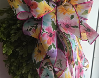 Spring Flower Wreath Bow, Wreath Attachment, Porch Light Bow, Lantern Bow, Floral Arrangement Bow, Swag Bow, Mailbox Bow