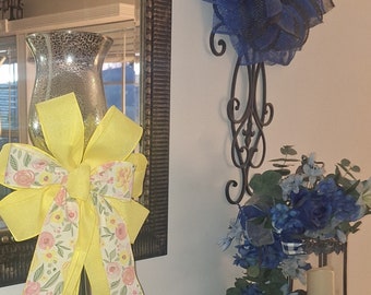 Yellow & FloralWreath Bow, Wreath Attachment, Porch Light Bow, Lantern Bow, Floral Arrangement Bow, Swag Bow, Mailbox Bow