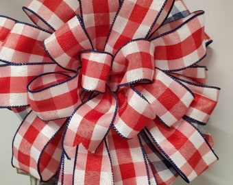 Red & Blue Checks Wreath Bow, Wreath Attachment, Porch Light Bow, Lantern Bow, Floral Arrangement Bow, Swag Bow, Mailbox Bow