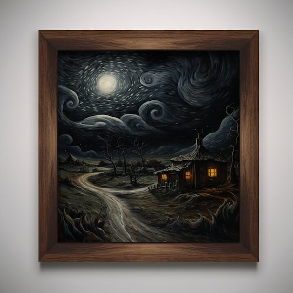 Old Cabin at Night Oil Painting Digital Art