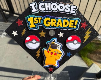Choose 1st Grade Pikachu Cap Topper, Pokemon Graduation Cap, Kinder Grad Decor, Custom Kids Graduation Topper