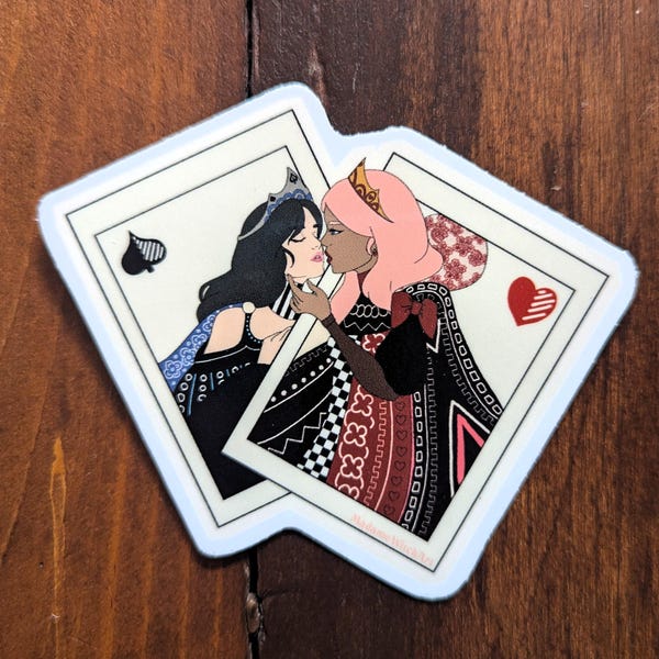 Queen of Hearts Lovers playing cards sticker, Lesbian Love Art, BIPOC, Pride Sticker, Stickers, LGBTQIA+