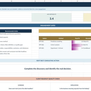 Data Analytics Consultant Toolkit, Client Discovery & Method Fit Workbook, Presentation Storyboard, Excel Template