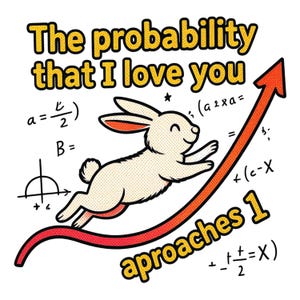 May include: A cartoon-style image shows a white rabbit jumping along a red arrow, with the text "The probability that I love you approaches 1." Mathematical symbols and equations are drawn around the rabbit and arrow. The background is white.