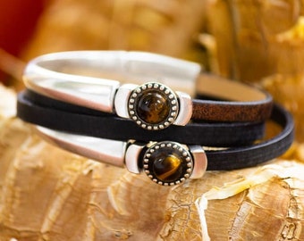 Tigers Eye Crystal Bracelet, Rustic Leather Boho Jewelry for Women