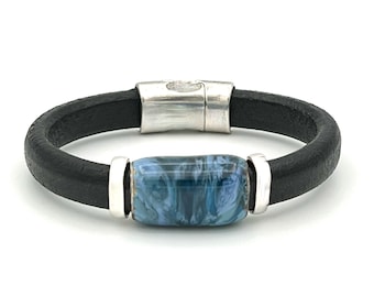 Schwarzes Lederarmband, Lederperlenarmband, emaillierte Perlen, Herren Lederarmband, Style Name - ""Blue Prairie"""