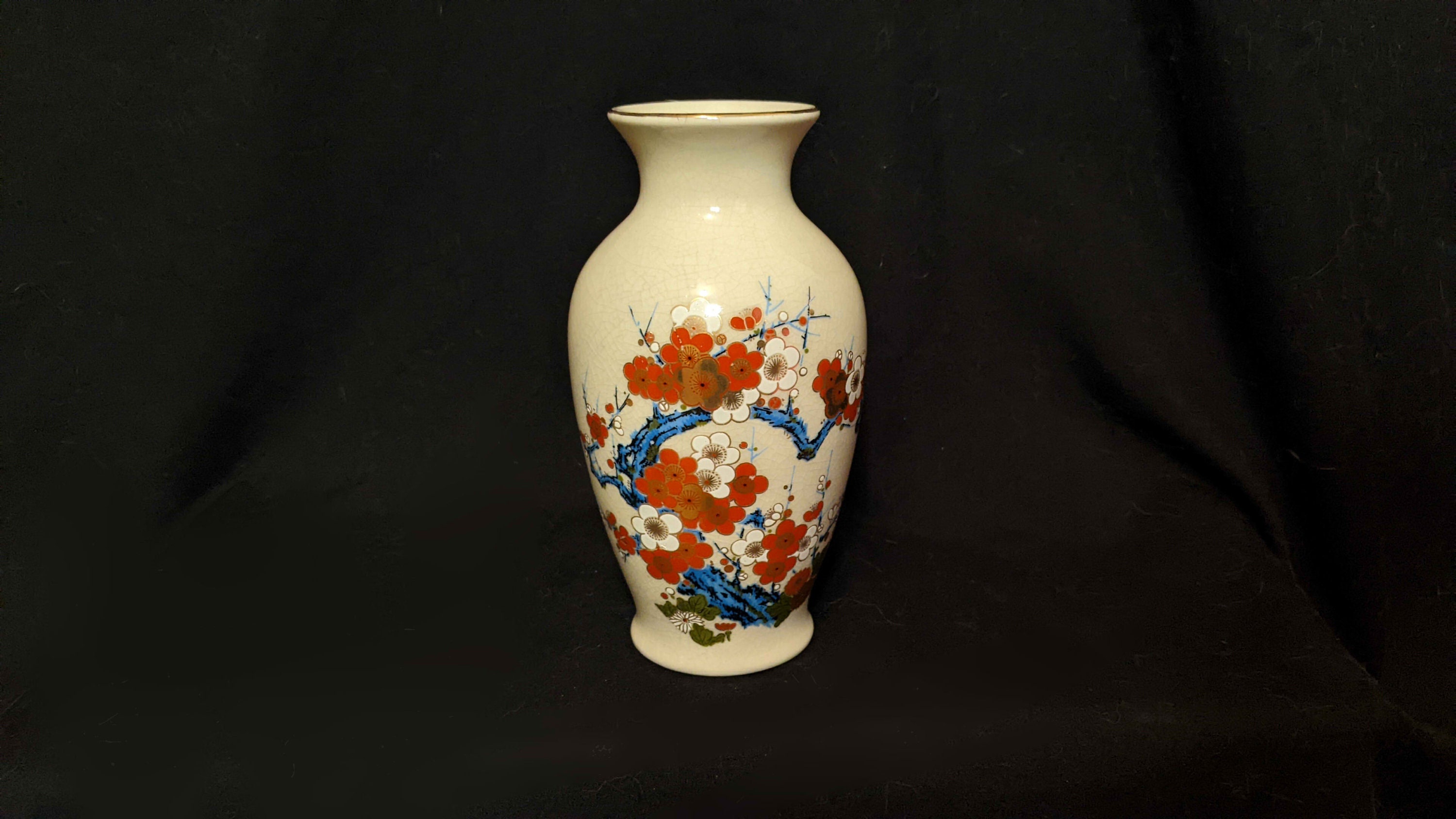 Japanese Vase Floral Hand Painted Mid Century Gold Bright Crackle