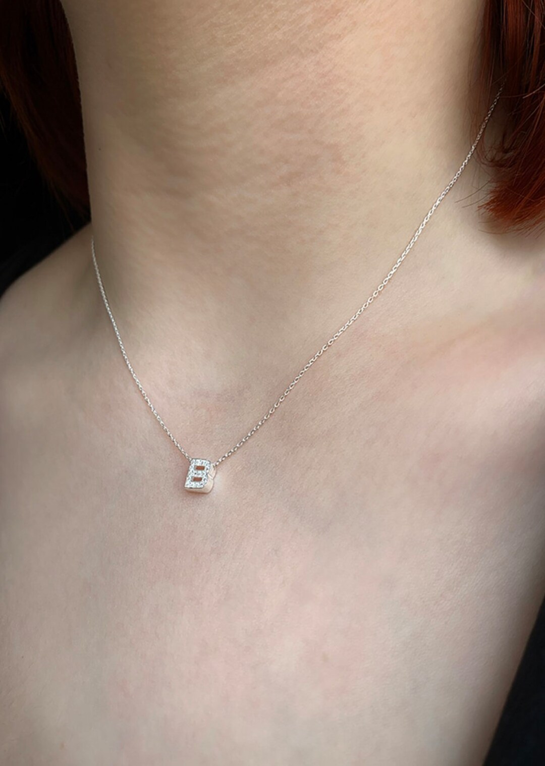 925 Sterling Silver Diamond Initial Necklace / Diamond Letter Necklace
