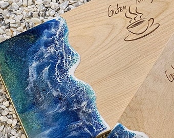 Holzbrett Meer "Guten Morgen "Ozean Ocean Art Frühstücksbrett Schneidebrett Resin Harz Servierbrett Geschenk TK-Kunst Holz Wellen Servieren