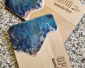 Holzbrett Meer "Opa Oma"Ozean Ocean Art Frühstücksbrett Schneidebrett Resin Harz Servierbrett Geschenk TK-Kunst Holz Wellen Servieren