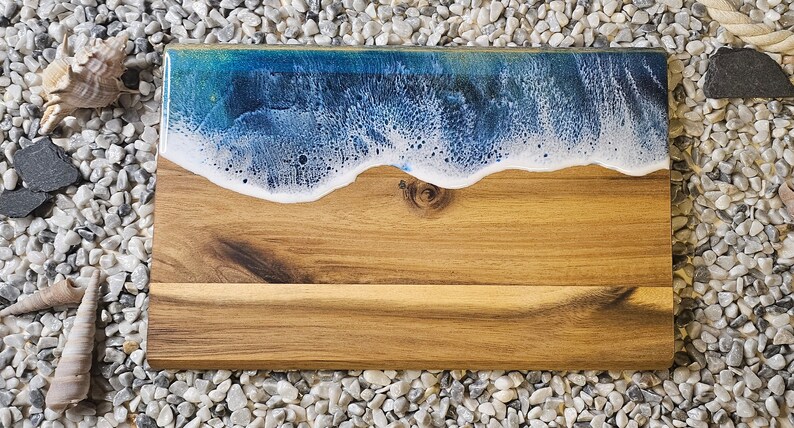 Holzbrett Meer Ozean Ocean Art Frühstücksbrett Schneidebrett Resin Harz Servierbrett Geschenk TK-Kunst Holz Wellen Servieren Nr.4 Grösse 23x15cm