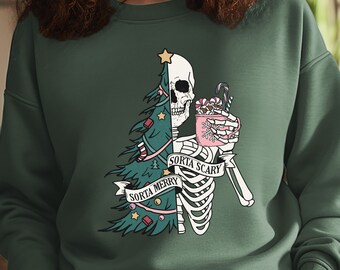 Sorta Scary Sorta Merry Sweatshirt, Christmas Skeleton Shirt, Funny Christmas Sweater, Christmas Crewneck, Xmas Shirt, Christmas Tree