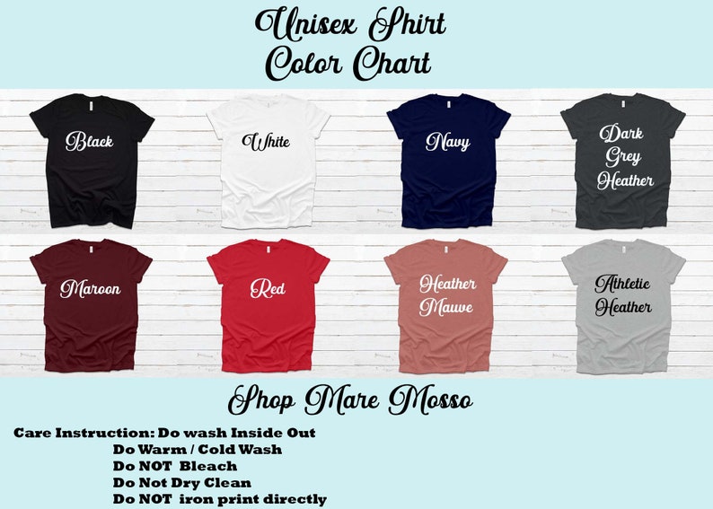 K&ouml;nnte beinhalten: Unisex-T-Shirt-Farbkarte mit 10 verschiedenen Farben: Schwarz, Wei&szlig;, Marine, Dunkelgrau meliert, Weinrot, Rot, Heidekraut-Mauve, Athletik-Meliert. Pflegehinweise: Von links waschen, Warm-/Kaltw&auml;sche, Nicht bleichen, Nicht chemisch reinigen, Nicht direkt auf den Druck b&uuml;geln. Shop Mare Mosso.