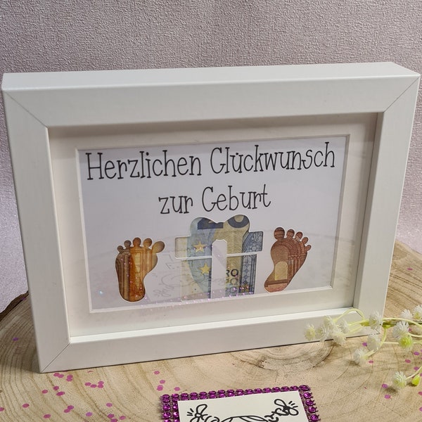 Personalized cash gift including picture frame, "Congratulations on the birth"/birth gift