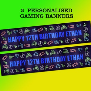 May include: Two personalised gaming banners with a black background and neon green and red gaming icons. The banners read "HAPPY 12TH BIRTHDAY ETHAN" in blue.