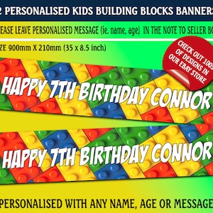 2 personalised Kids Building Blocks Bricks Birthday Name Age Banners Wall Decorations Boy Girl
