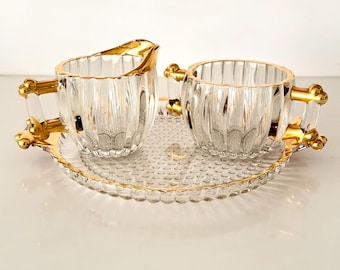 Vintage Jeannette Glass Sugar Bowl and Creamer Set with 22k Gold Rim