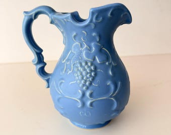 Vintage Blue Ceramic Pottery Pitcher with Grapevine Motif