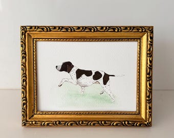 Original Framed Painting German Shorthair Pointer Hunting Dog Wading (Gouache & Watercolor)