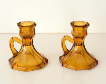 Vintage Anchor Hocking Amber Candlestick Holders