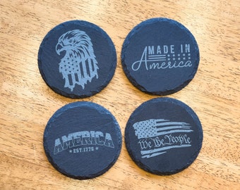 Set of 4 American-themed laser-engraved slate drink coasters