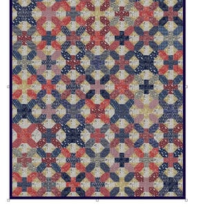 Puede incluir: Un patrón de edredón de patchwork con un diseño repetitivo de formas que se cruzan en rojo, azul, crema y gris. El edredón tiene un borde azul oscuro y el texto "Jūjī Quilt Pattern" en la parte inferior.