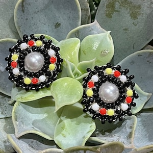 Beaded Studs Medicine Wheel Colours and Pearl - Indigenous made
