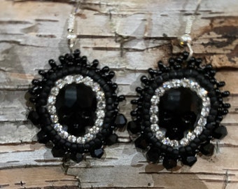 Beaded Swarovski Skull Dangle Earrings Black and Rhinestones