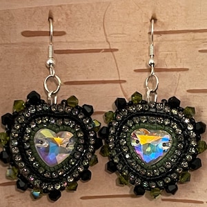 Black and Green Heart Shaped Beaded Earrings Aanishinaabe Hand Made