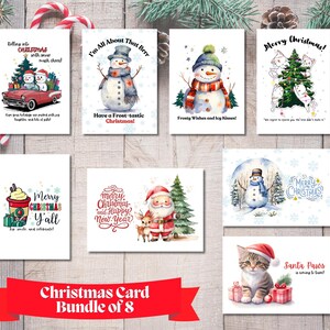 Set van 8 afdrukbare kerstkaarten, wenskaarten van 5 x 7, digitale download kerstkaartenbundel van 8