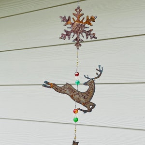Rusty Metal Christmas Wind Chime;  snowflake, reindeer, Christmas tree; metal art for your patio, garden, outdoors, home accent