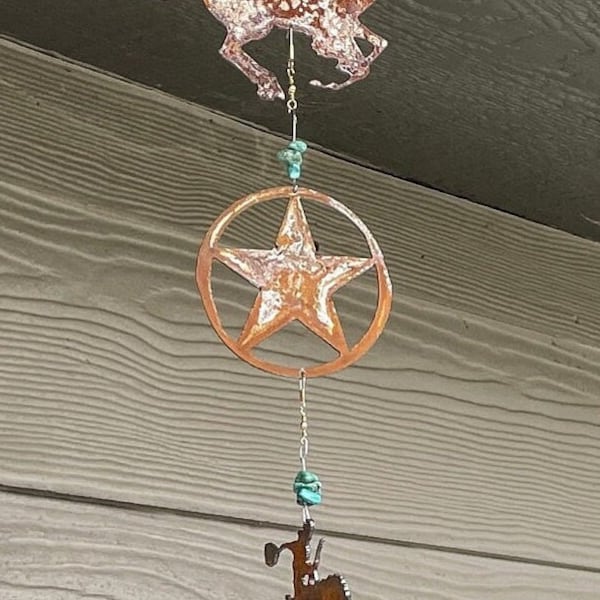 Rusty Cowboy Wind Chime;  metal art for your patio, garden, outdoors, home accent