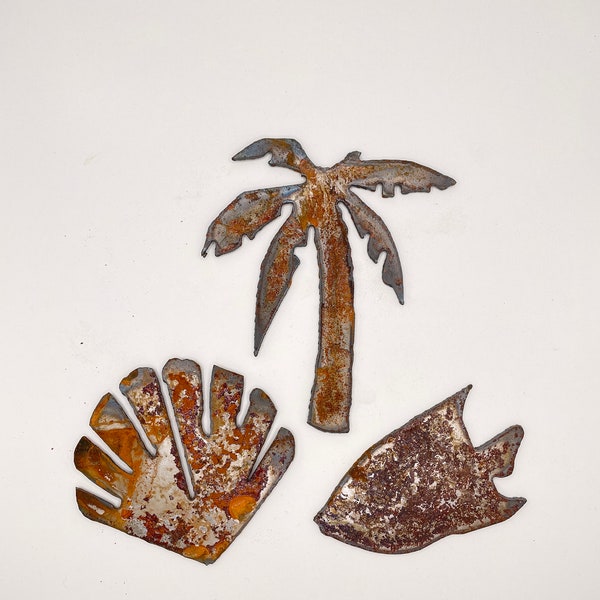 Rusty Metal Beach Ocean Island Palm tree tropical fish sea shell, Set of 3; crafts, signs, magnets, ornaments, home decor, garden art