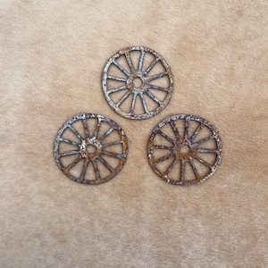 Rustic Wagon Wheels set of 3; metal designs for crafts, ornaments, magnets, signs, home garden western farmhouse accents