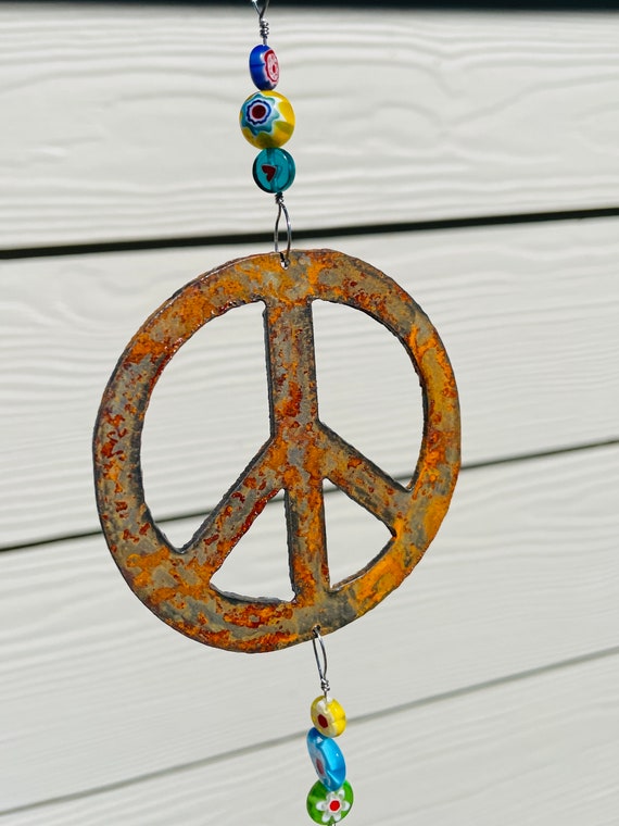 Rusty Peace Sign Wind Chime: Metal Garden Art
