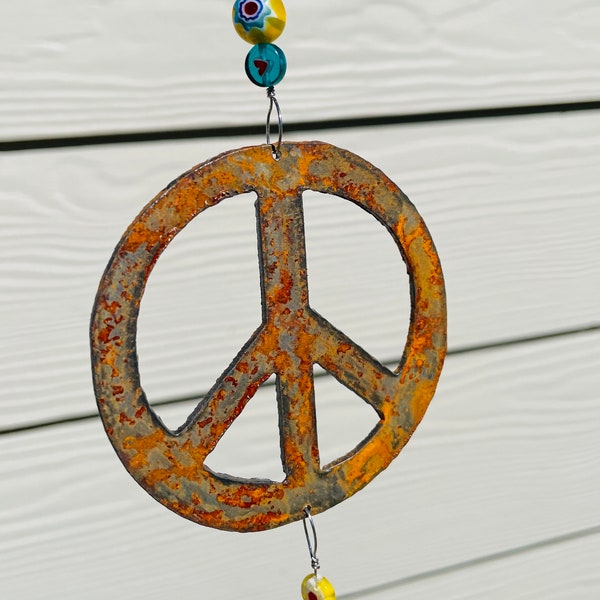 Rusty Peace and Love wind chime; metal art for your patio, garden, outdoors, home accent, yard art