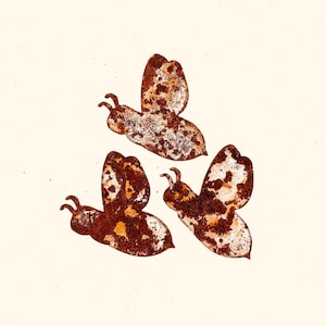 May include: Three rusty metal bee silhouettes on a white background. The bees are in flight and are facing different directions.