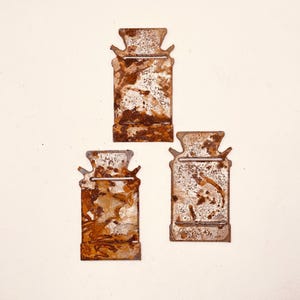 Rusty Metal Milk Cans; 3&quot;, Set of 3, crafts, signs, magnets, ornaments, home decor, garden art, farmhouse, barn accent, vintage dairy