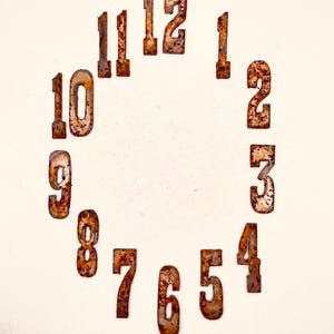 May include: A collection of rusty metal numbers arranged in a circular pattern, resembling a clock face. The numbers, ranging from 1 to 12, are in a warm, earthy brown hue, with visible signs of oxidation. The background is a plain, off-white color.