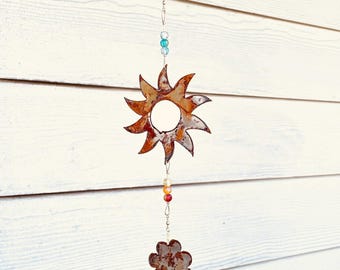 Rusty Metal Cloud, Sun, Flower Wind Chime: Patio Garden Art