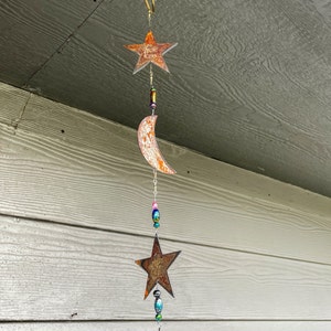 Rusty Moon and Stars Wind Chime;  metal art for your patio, garden, outdoors, home accent