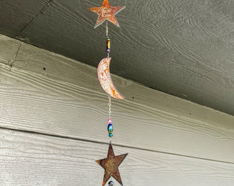 Moon Stars Wind Chime rustic metal art for your patio garden outdoors home accent